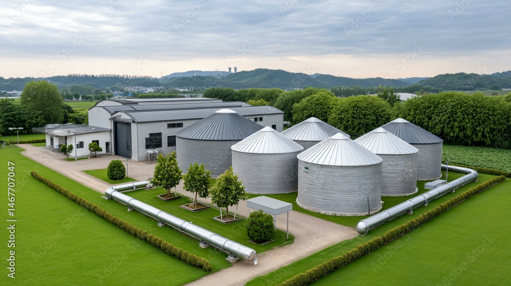 Panoramic drone view of an industrial biogas complex with multiple digesters, feedstock silos, and co-generation units arranged in neat rows connected by insulated piping