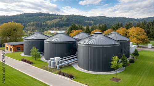 Obraz na płótnie Panoramic drone view of an industrial biogas complex with multiple digesters, feedstock silos, and co-generation units arranged in neat rows connected by insulated piping w salonie