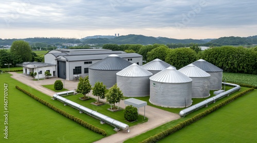 Obraz na płótnie Panoramic drone view of an industrial biogas complex with multiple digesters, feedstock silos, and co-generation units arranged in neat rows connected by insulated piping w salonie