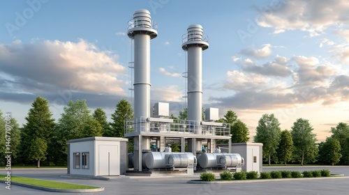 Obraz na płótnie Photoreal scene of a remote rural biogas plant powering agricultural equipment directly via dedicated off-grid micro-turbine units under golden hour sunlight w salonie