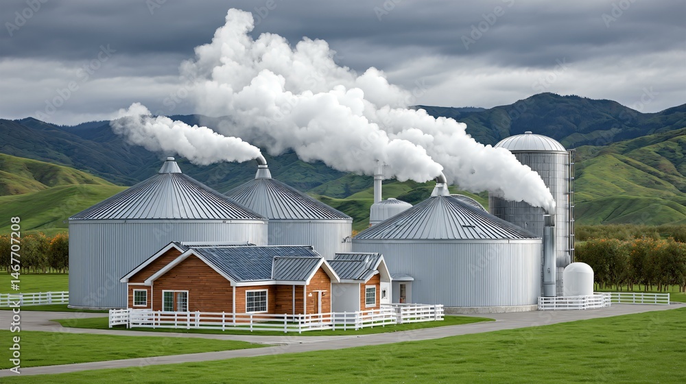 Wide angle view of a rural biogas power plant integrated into a farm landscape, with solar panels, methane digesters, and a combined heat and power generator emitting steam plumes
