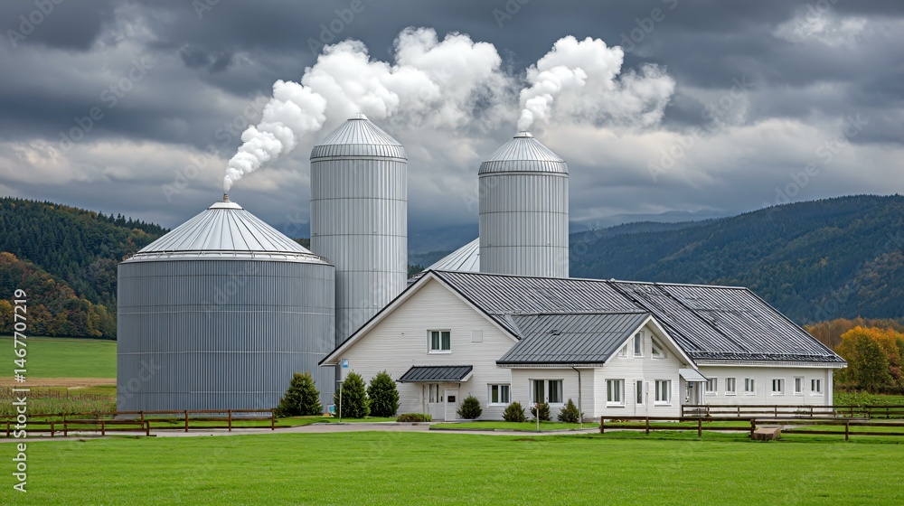 Wide angle view of a rural biogas power plant integrated into a farm landscape, with solar panels, methane digesters, and a combined heat and power generator emitting steam plumes