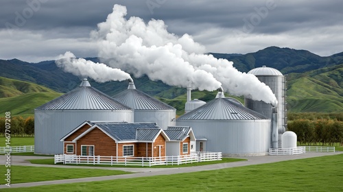 Obraz na płótnie Wide angle view of a rural biogas power plant integrated into a farm landscape, with solar panels, methane digesters, and a combined heat and power generator emitting steam plumes w salonie