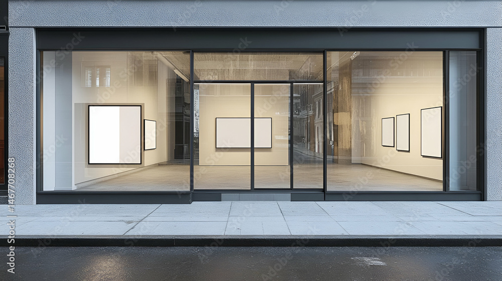 Fototapeta premium Modern Art Gallery Storefront with Blank Canvas Displays