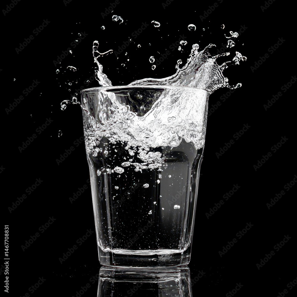 Water Splashing in a Clear Glass Against Black Background Water Splashing in a Clear Glass Against Black Background