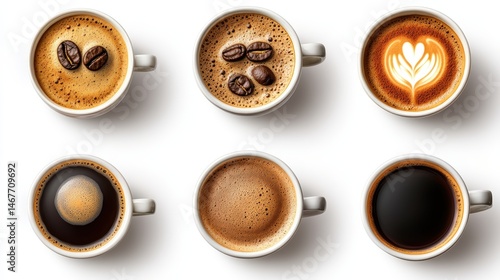 Overhead shot of six unique coffee cups with latte art and beans against a stark white background displaying variety of coffee drinks.