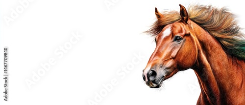 Captivating portrait of a chestnut horse with a flowing mane isolated against a clean white background, showcasing its majestic beauty. photo