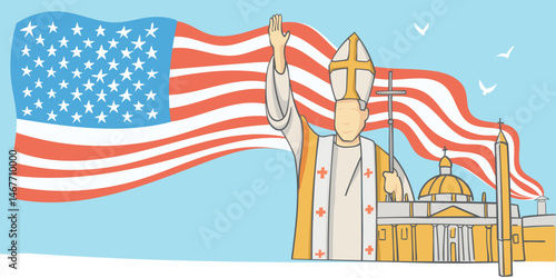 The new Pope greets his election with a white smoke with American flag. Horizontal vector illustration.