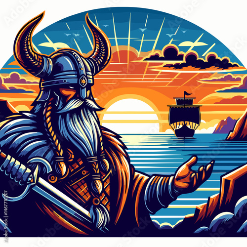 Viking warrior gesturing towards a ship on the horizon during sunset, digital art concept