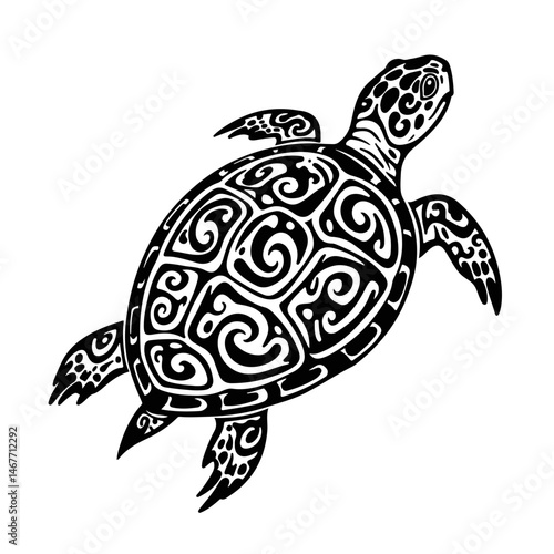 Tribal-style turtle swimming in black and white illustration  