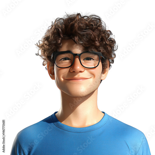 Stylized portrait of a young man with curly hair and glasses in digital art