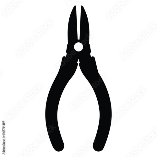 A silhouetted black plier tool is centrally isolated on a white plain background alone