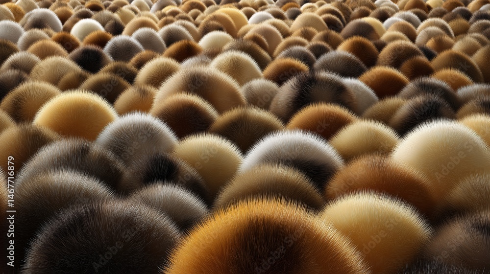 Obraz premium An abstract pattern of dome-shaped structures densely covered with various shades and textures of fur in a continuous surface study