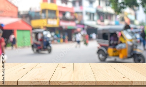 Light Wooden Tabletop Overlooking a Blurred Street Scene with Auto-Rickshaws in City, India