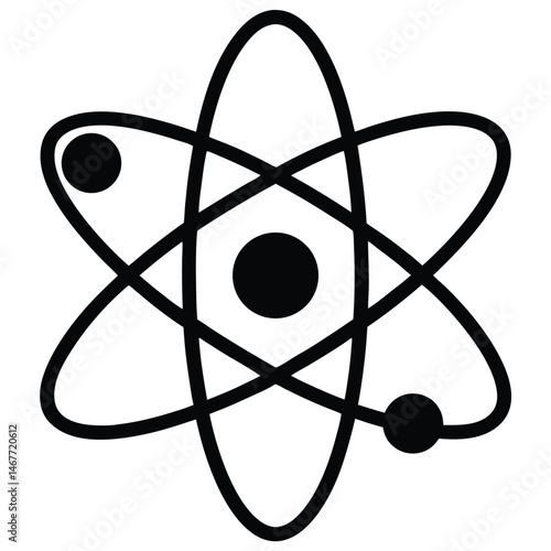 Black atom model showing orbiting electrons with a circular nucleus in center