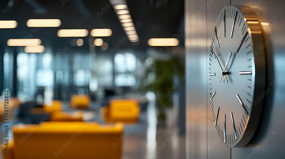 Modern Office Interior with Large Metal Wall Clock Modern Office Interior with Large Metal Wall Clock