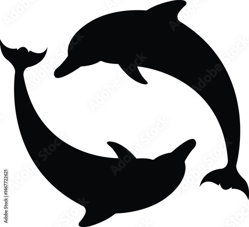 Dancing Dolphins Silhouette: Two graceful dolphins frolic in a seamless dance, captured in elegant silhouette against a bright backdrop, evoking a sense of joy, freedom, and the magic of the sea.