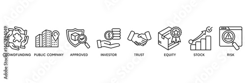 Ipo icon set vector illustration concept relate to initial public offering with icon of crowdfunding, public company, approved, investor, trust, equity, stock and risk