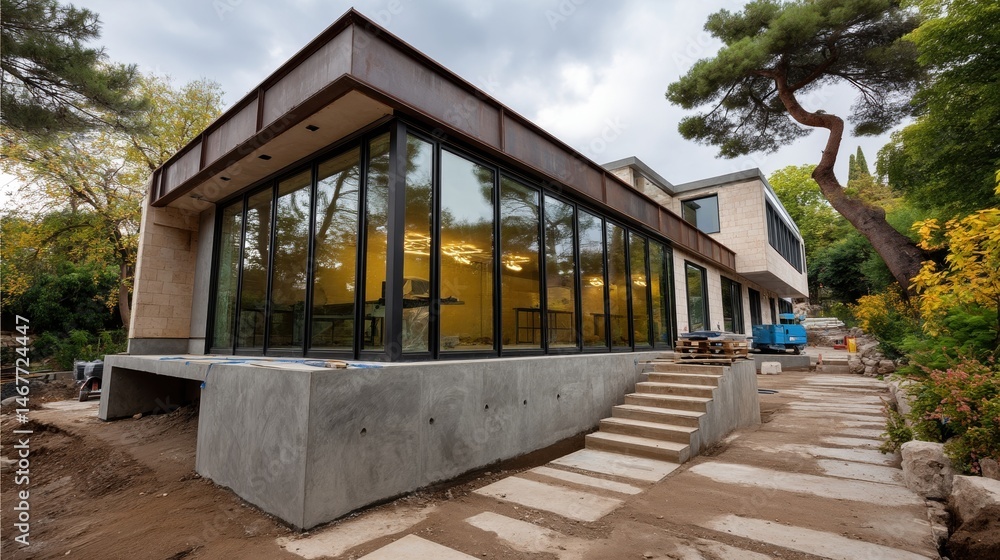 Modern Residential House Under Construction with Large Glass Windows and Scenic Surroundings Modern Residential House Under Construction with Large Glass Windows and Scenic Surroundings