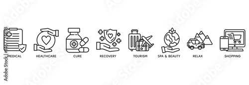 Medical tourism icon set vector illustration concept relate to medical, healthcare, cure, recovery, tourism, spa, beauty, relax and shopping