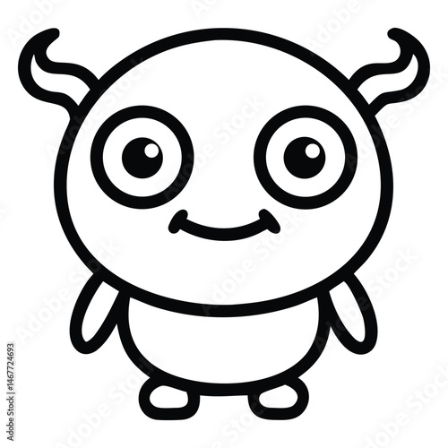 A cute cartoon monster with small horns is smiling slightly to us
