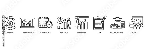 Fiscal year icon set vector illustration concept relate to budgeting, reporting, calendar, revenue, statement, tax, accounting, audit