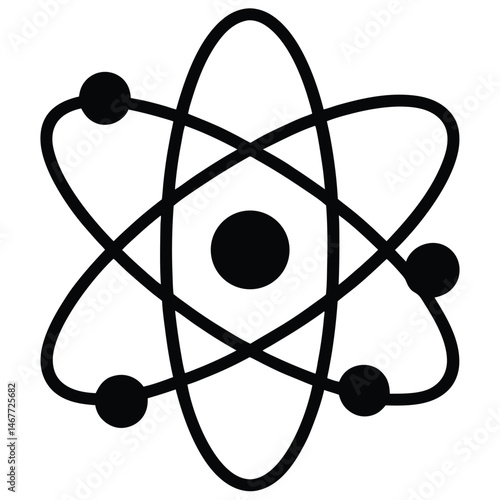 Bold black atom icon shows orbiting electrons around a central nucleus of the structure