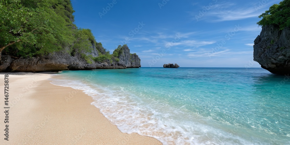 Fototapeta premium Clear turquoise ocean gently meets a sandy beach next to lush green cliffs