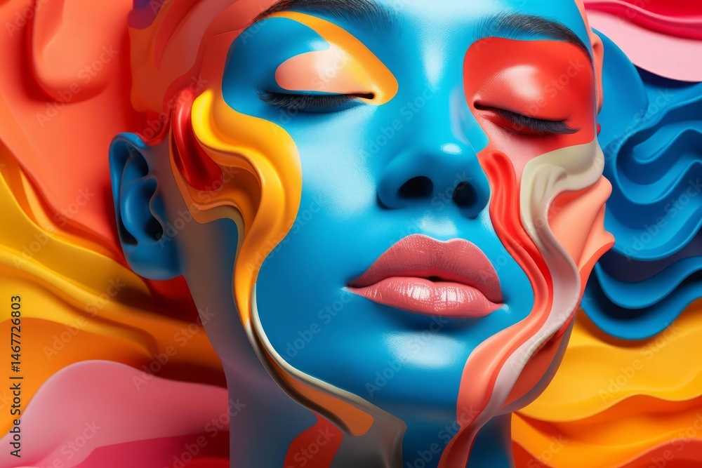 Close-up of a colorful woman's face with flowing paint elements. Predominant colors are blue, red, orange, and yellow. Close-up of a colorful woman's face with flowing paint elements. Predominant colors are blue, red, orange, and yellow.