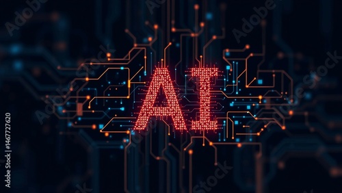 Leuchtender KI-Schriftzug auf komplexem, leuchtendem Platinenhintergrund mit roten und blauen Datenleitungen.