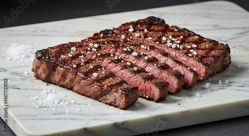 Skirt steak grilled with sea salt, seared surface, marbled texture, and rich red interior.
