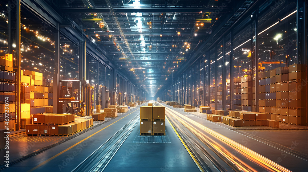 Obraz premium Modern Warehouse Interior with Stacked Cardboard Boxes at Night