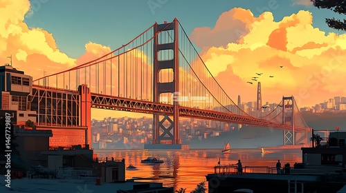 Beautiful sunset over Golden Gate Bridge with futuristic digital art and glowing lights image