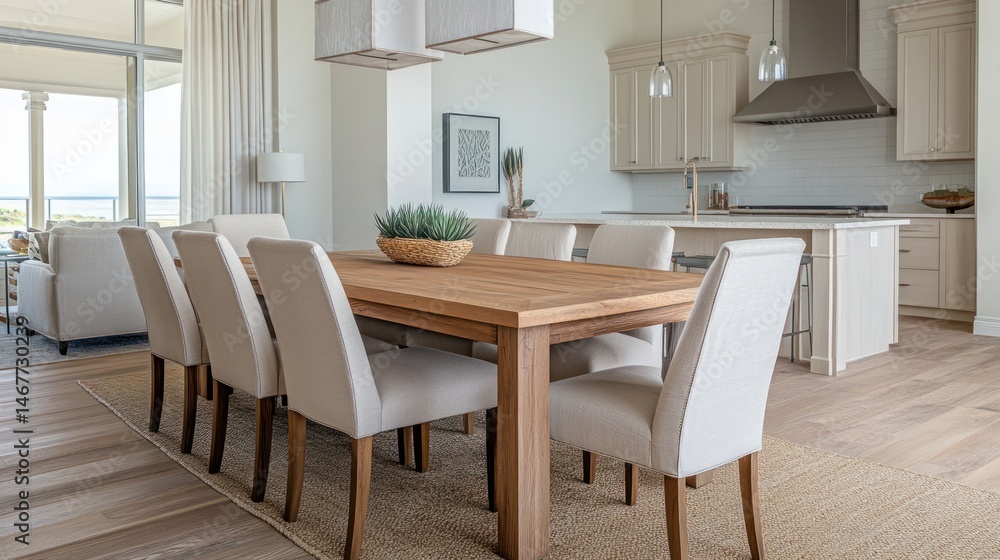 Contemporary dining space with beach view and neutral color palette Contemporary dining space with beach view and neutral color palette