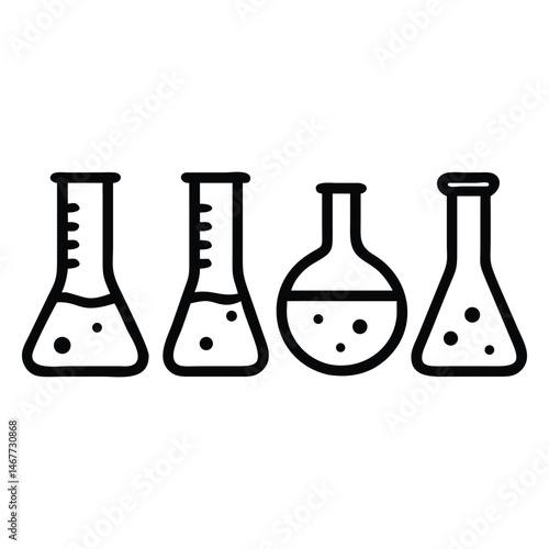 Black outline showcases four beakers containing various liquids for science with transparent backdrop