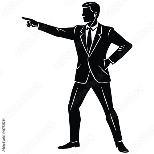  a silhouette of a man in a formal suit, pointing to the right with his left arm extended 