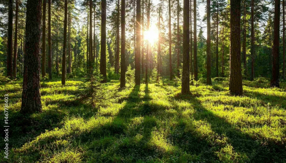 Obraz premium Sunlight filtering through a forest canopy