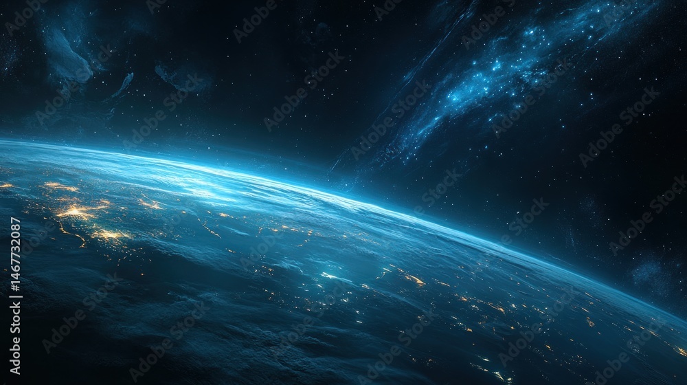 Fototapeta premium Celestial View, Earth's Vibrant Cities Amidst the Cosmic Tapestry