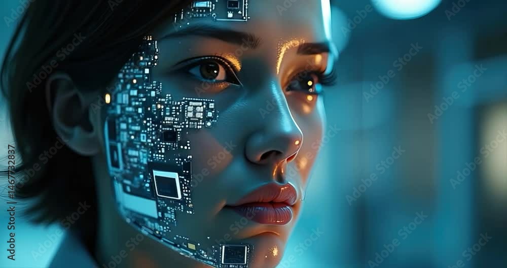 Person with facial markings close up futuristic modern blue portrait Person with facial markings close up futuristic modern blue portrait