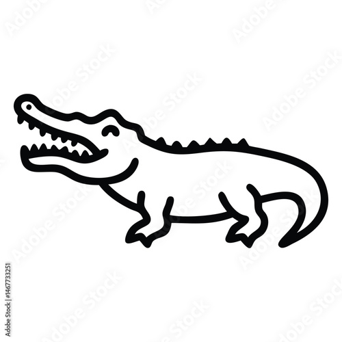 Cartoon alligator opens its mouth wide, showing a toothy grin in a simple vector