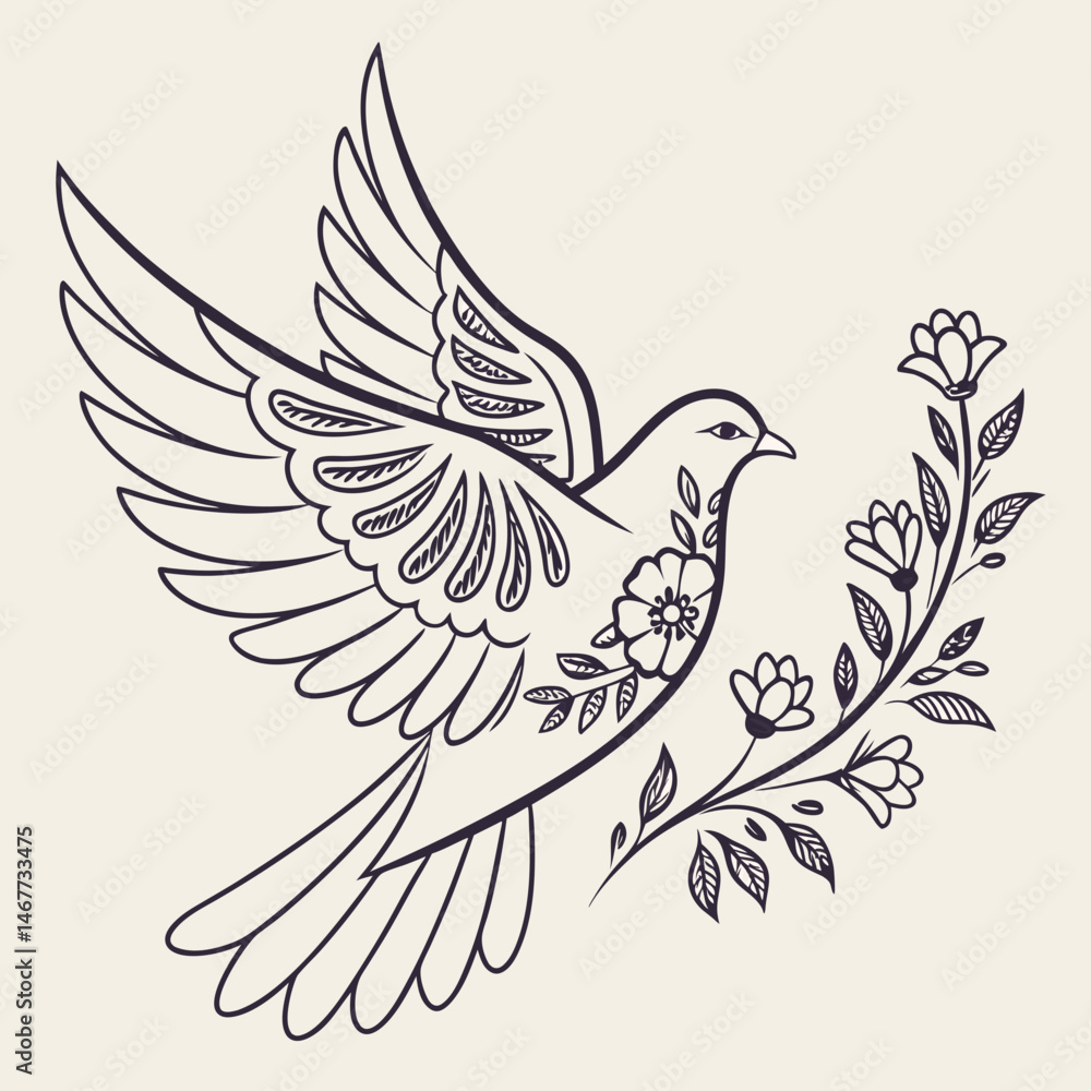 Obraz premium Elegant dove icon with floral wings in vintage etching style