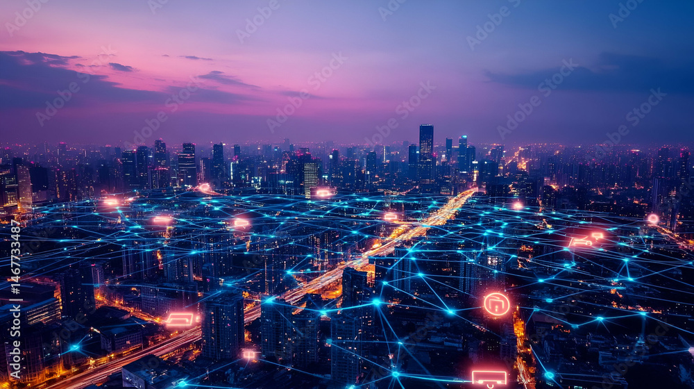 Fototapeta premium Night Cityscape with Illuminated Buildings and Network Connections