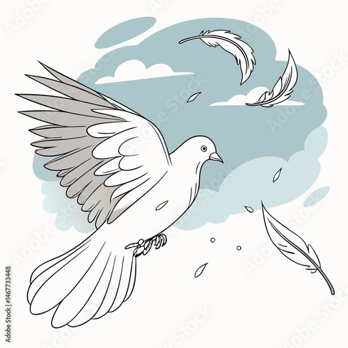 Soft watercolor dove icon with floating feathers and sky