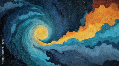 Abstract swirling galaxy with fiery burst in painterly style on starry background.