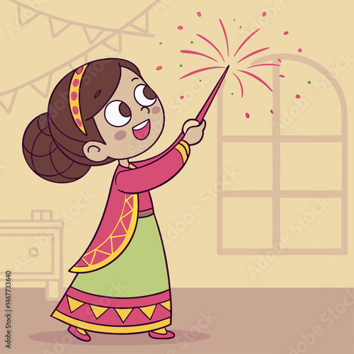Little girl in lehenga lighting sparkler with bright smile
