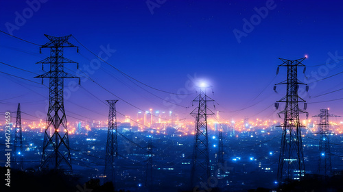 Night Cityscape with Power Lines and Illuminated City