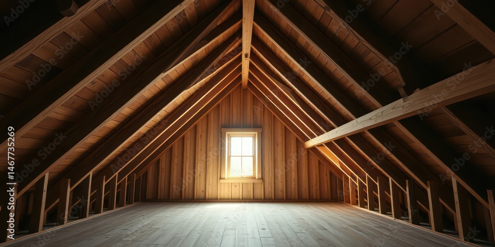 Obraz premium Sunlight streams through a window in a spacious attic with exposed wooden beams and a wooden floor.