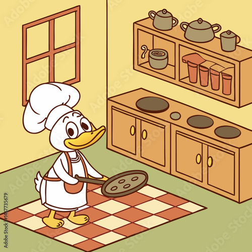 Chef duck flipping pancakes in a cozy cartoon kitchen