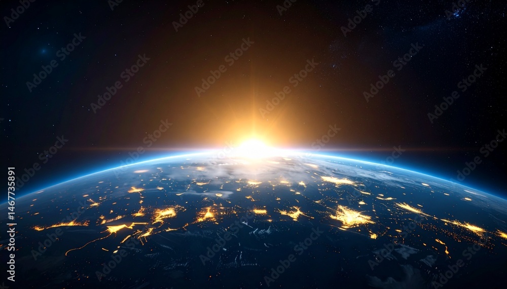 Fototapeta premium Amanecer en la Tierra desde el espacio: Iluminación de la hora dorada de los planetas del cosmos contra un cielo de hermosos colores; imagen de fondo conceptual, espacio de copia, fondo de pantalla