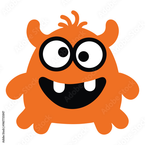 Cheerful orange monster happily smiles showing its teeth with a friendly face